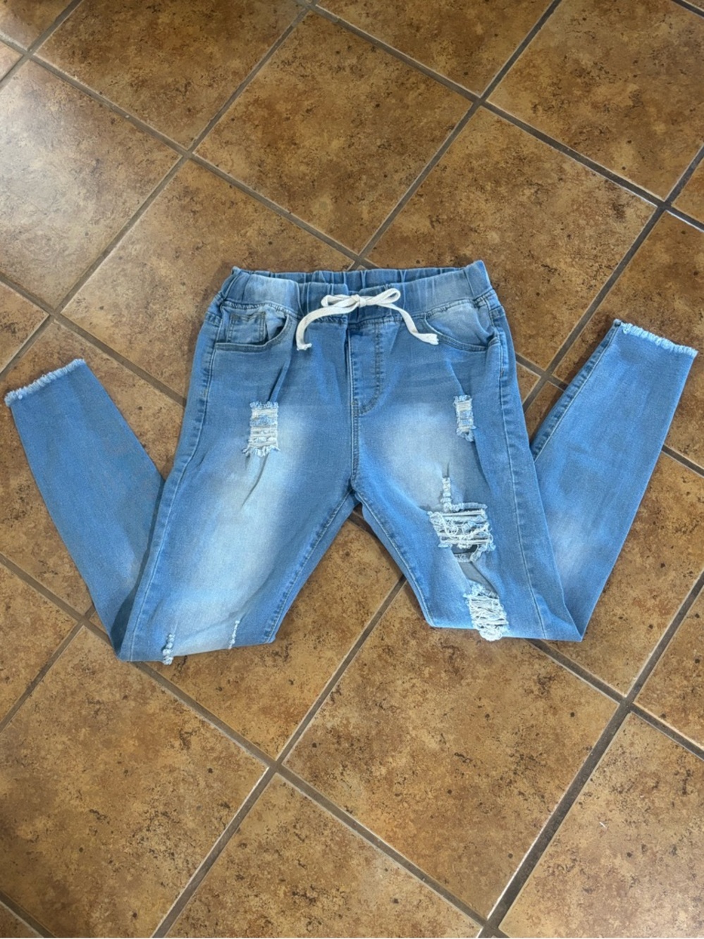 Light Blue Distressed Stretch Adjustable Jeans with Drawstring